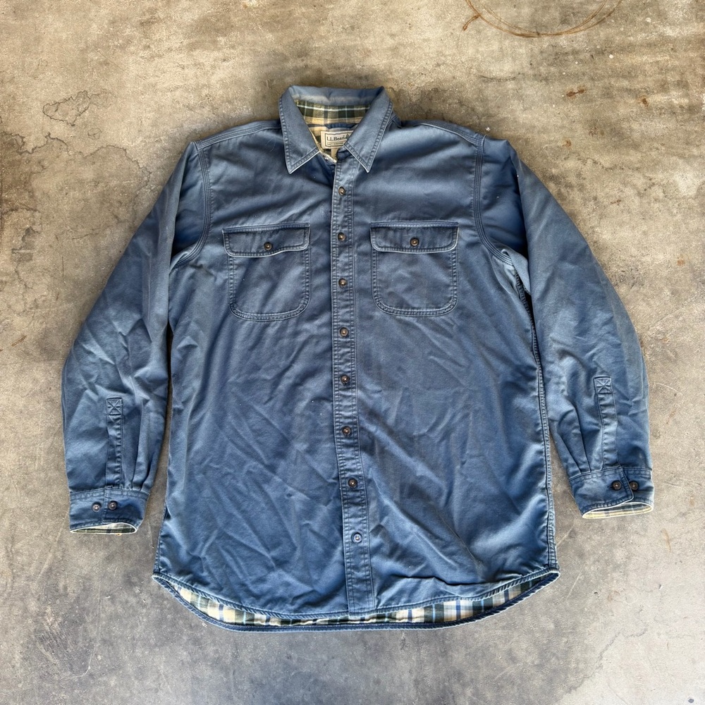 LL Bean Hurricane Shirt Flannel Blue Lined Button Shacket Men’s Large Tall LT